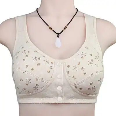 Close-up of a women's bra featuring floral embroidery, button accents, and comfortable design. Ideal for everyday wear, offering support and style for women seeking quality lingerie.