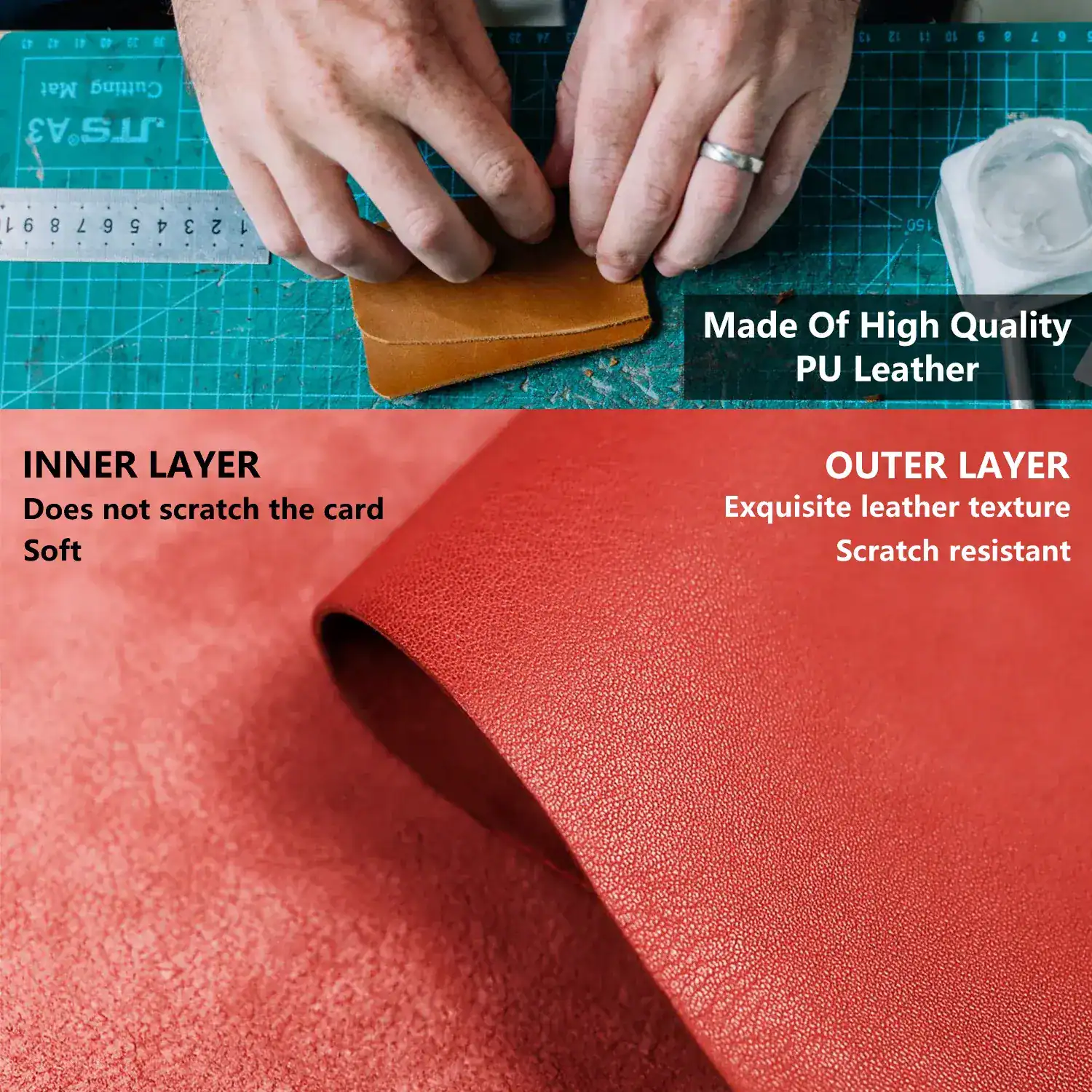 Luxurious leather PU material with exquisite texture, scratch resistant for durable accessories and fashion items.