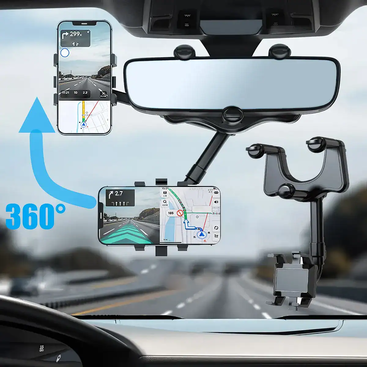Wireless car phone holder with 360-degree rotation, designed for seamless GPS navigation and hands-free calling on smartphones. Fits various vehicle models, enhancing driving safety and convenience.