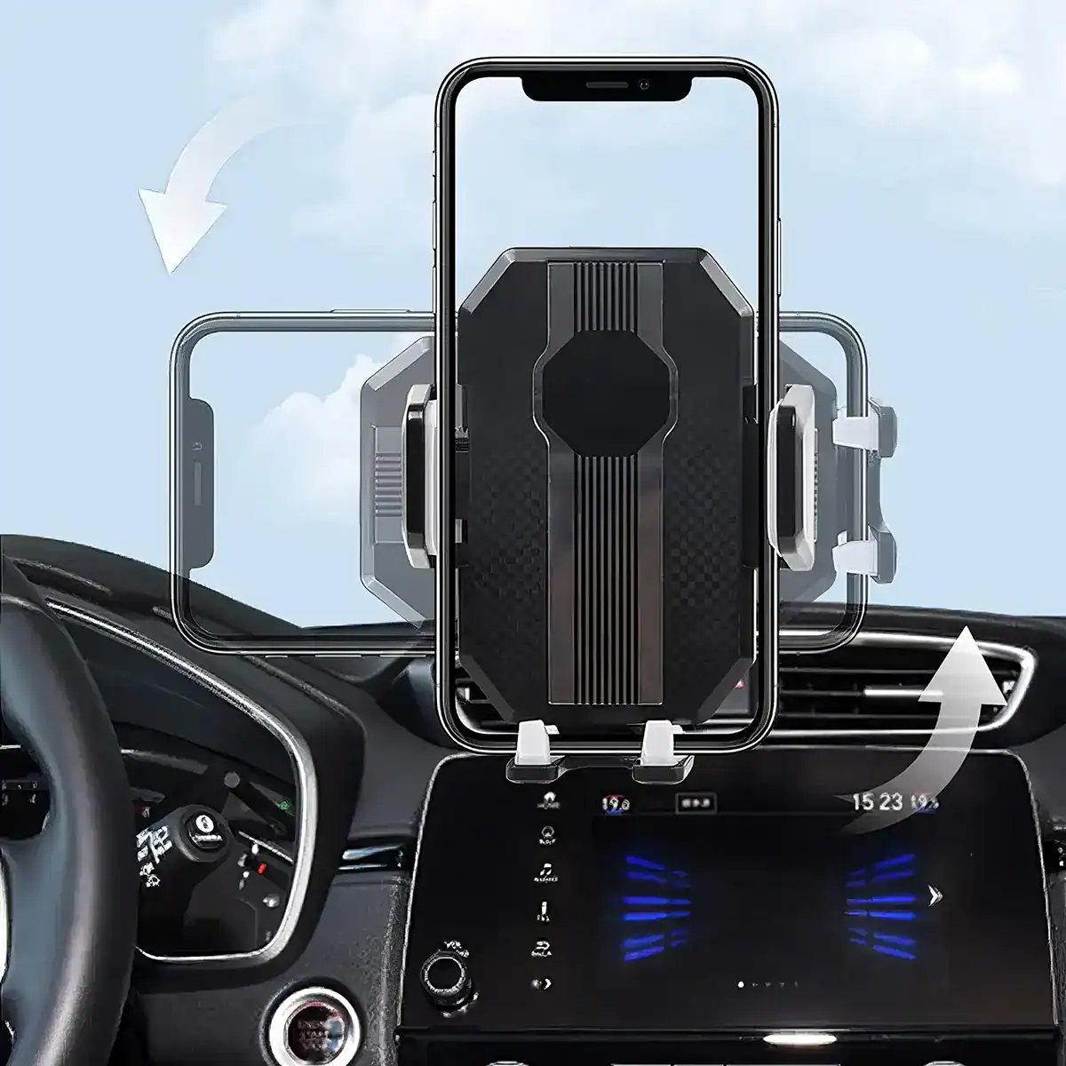 A secure wireless phone holder mounted on a car dashboard, designed for easy use and device safety during driving, compatible with various smartphones.