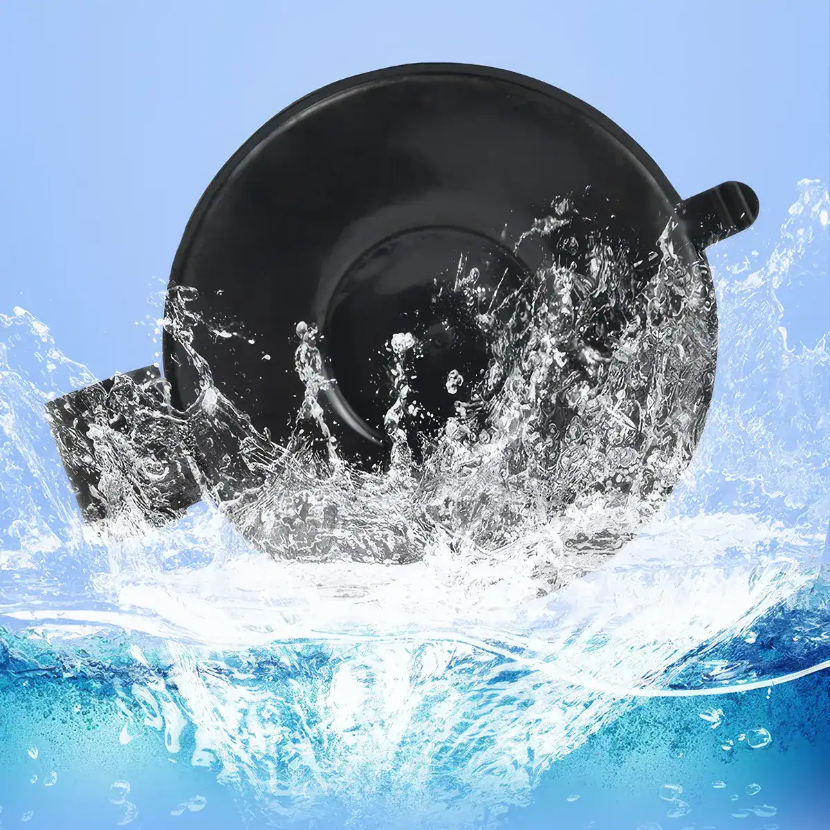 Alt text: Black office mug submerged in water splash, showcasing cleaning or water resistance, suitable for promotional or product display context.
