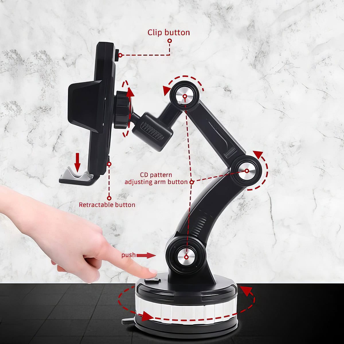 Versatile monitor mount with adjustable arms, clip button, retractable button, and CD pattern for ergonomic eye care and optimal display positioning.