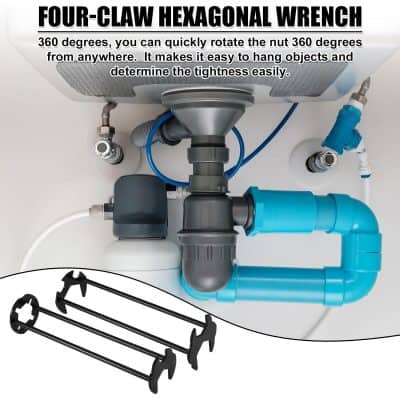 Versatile four-claw hexagonal wrench with adjustable grip, ideal for plumbing and maintenance tasks; rotates 360 degrees for easy handling and object securing.