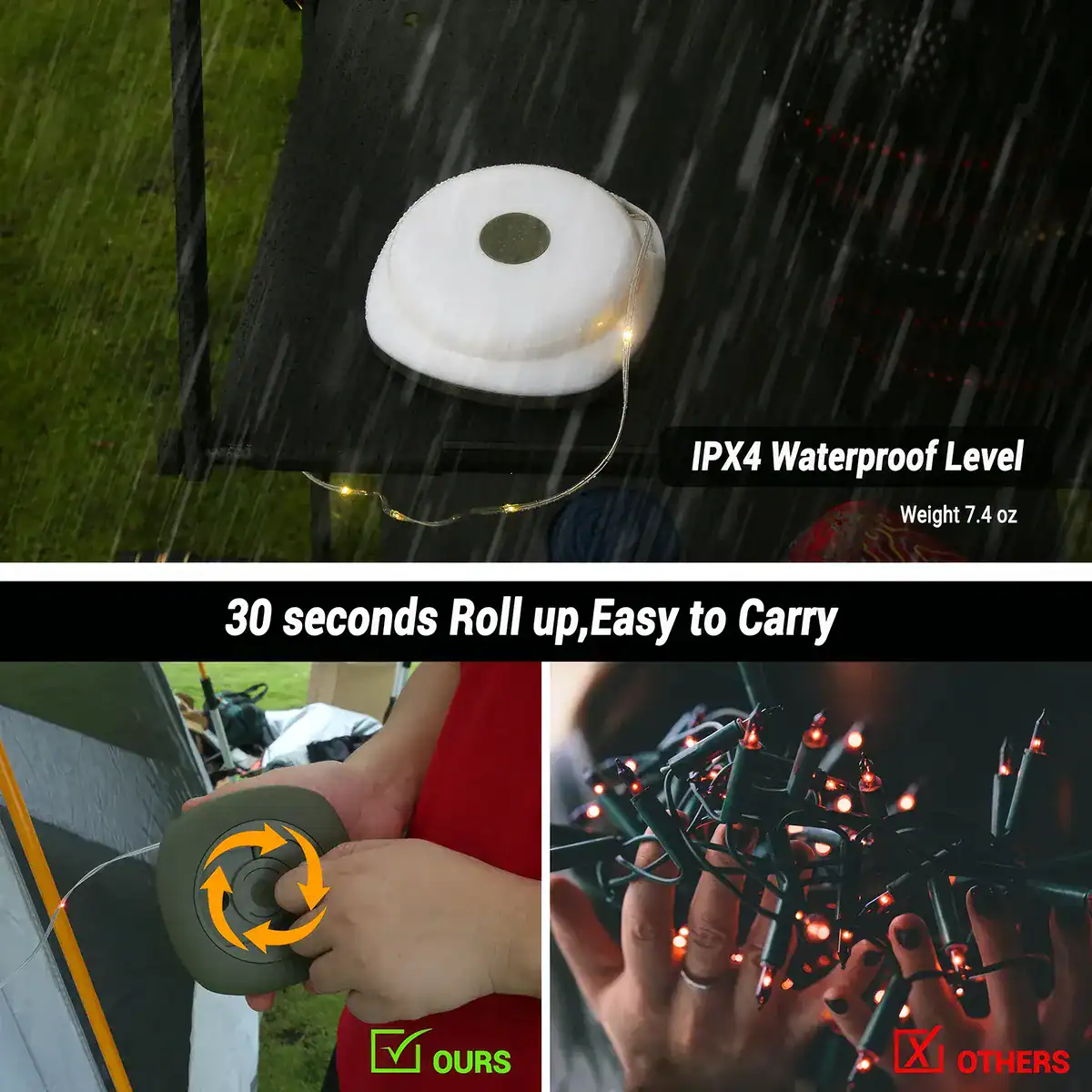 Micro LED Christmas String Lights with IPX4 Waterproof Level, lightweight 7.4 oz, easy to carry, perfect for outdoor decorations, camping, and emergencies.