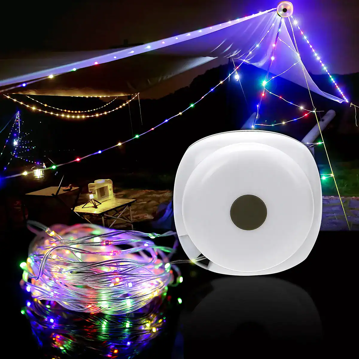 Colorful LED string lights suitable for outdoor decorating, ideal for parties, holidays, and special events to create a vibrant atmosphere.