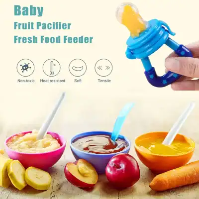 Colorful baby fruit pacifier food feeder for infants, non-toxic, heat resistant, soft, and durable, ideal for introducing pureed fruits to babies safely.