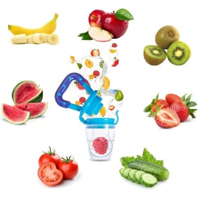 Close-up of various fresh fruits including watermelon, strawberries, kiwi, cucumber, tomatoes, apples, bananas, and berries with a blue juicer, emphasizing natural nutrition for eye health.