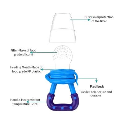 Close-up of a baby pacifier with detailed labels of the filter and feeding components, showcasing food-grade silicone and PP plastic parts, emphasizing durability, safety, and quality for infant feeding accessories.