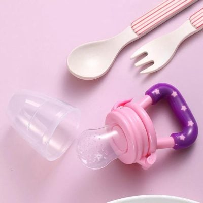 Adorable pink baby teething toy with a clear silicone bottle and handle, perfect for soothing infants during teething. Safe and entertaining, ideal for newborns and toddlers.