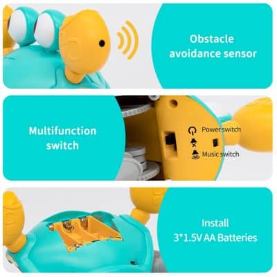 Brightly colored educational robot with obstacle detection sensor and multifunction switches, ideal for STEM learning and programming for young children.