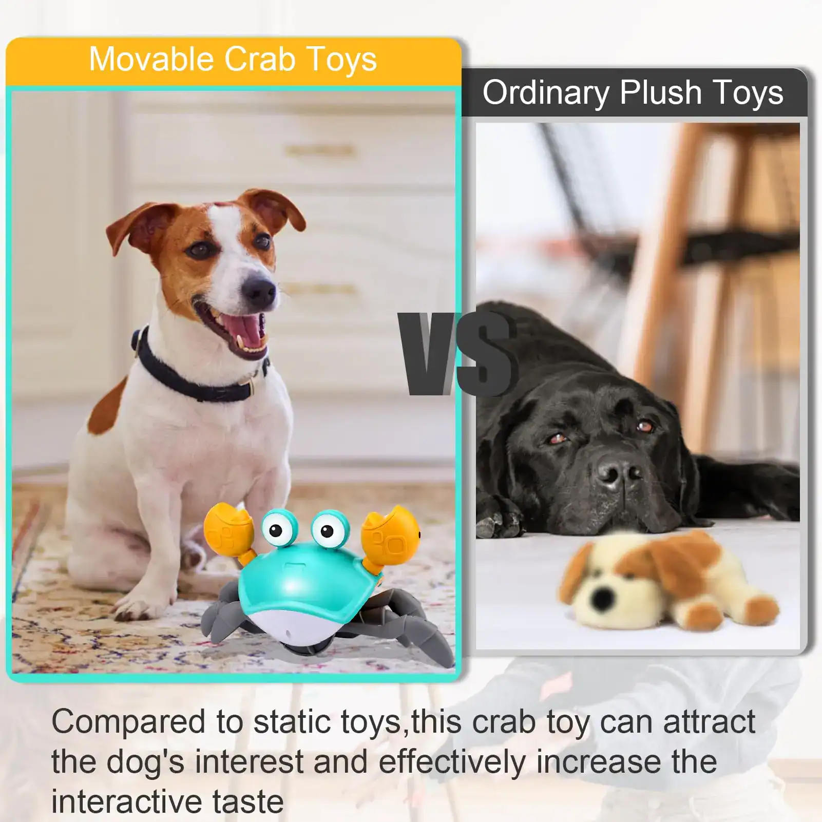 Bright blue crab-shaped moving dog toy with orange claws and googly eyes, designed to entertain pets and stimulate their playfulness.