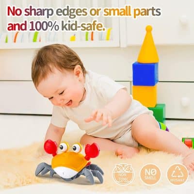 Adorable crab-shaped baby toy, safe, non-toxic, washable, perfect for children. Soft and colorful design encourages play and development while ensuring safety with no sharp edges or small parts.