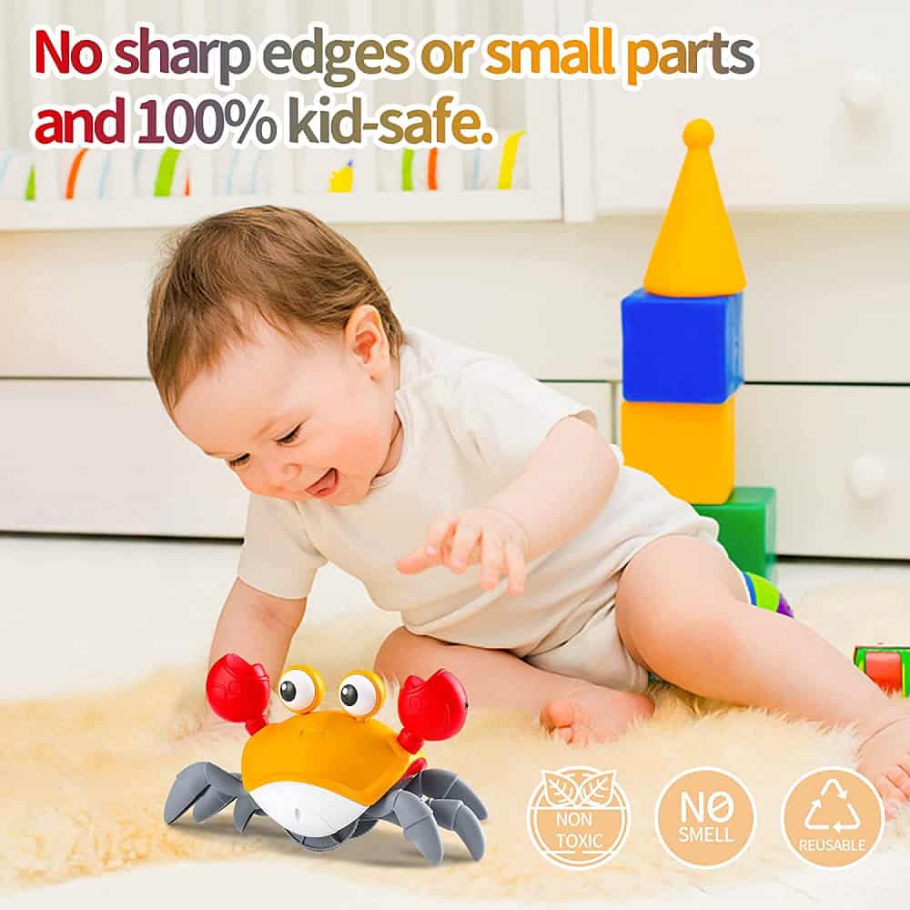 Adorable crab-shaped baby toy, safe, non-toxic, washable, perfect for children. Soft and colorful design encourages play and development while ensuring safety with no sharp edges or small parts.