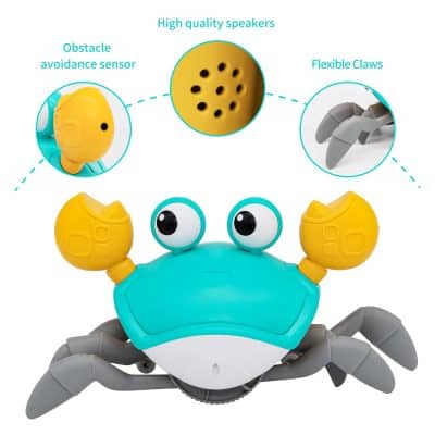 Brightly colored crab-shaped toy with moving eyes, flexible claws, and obstacle avoidance sensor perfect for children’s entertainment and learning.