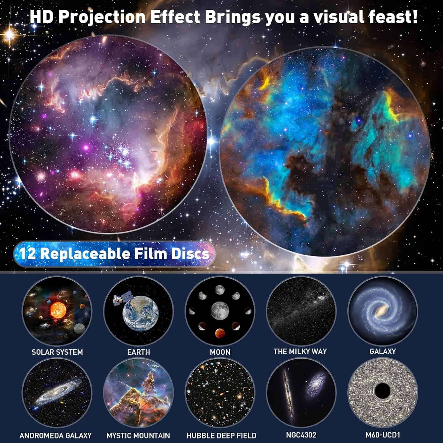 High-quality HD space projection images, featuring vibrant nebulae and galaxies, perfect for home or educational displays.