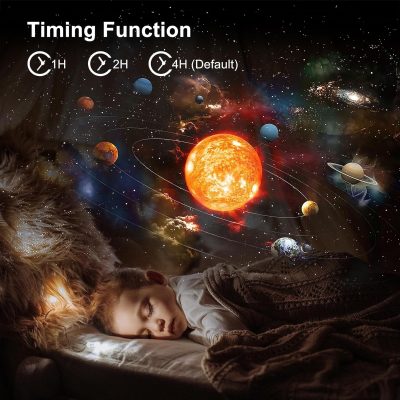 Detailed alternative text describing a girl sleeping with a cosmic scene showing planets and the sun in the background, emphasizing imagination and space themes for opt.