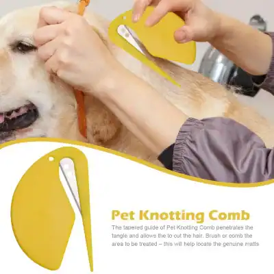 Alt text: Close-up of a person using a pet knotting comb on a golden retriever, showcasing grooming with a specialized yellow comb for removing loose hair during pet grooming sessions.