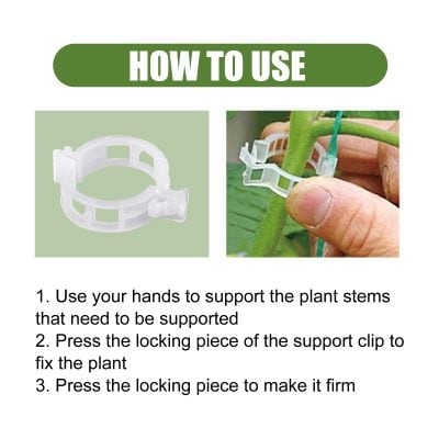 Adjustable plant tie support clip to stabilize plant stems.