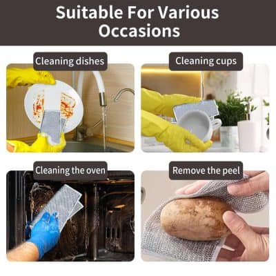Bright, detailed image showing step-by-step cleaning of dishes, cups, oven, and peeling a potato, highlighting cleaning mesh scrubbers and sponges used in culinary maintenance.