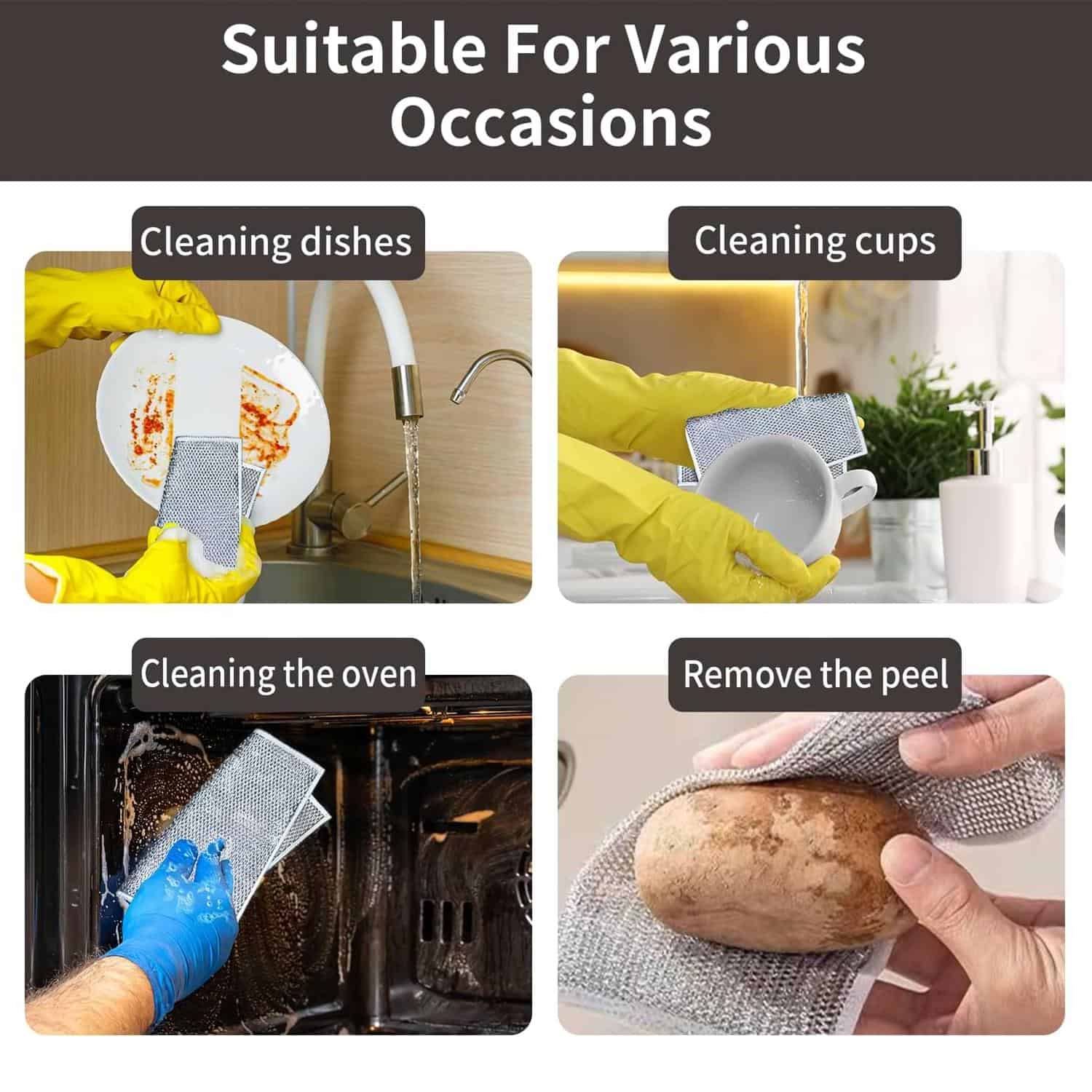 Bright, detailed image showing step-by-step cleaning of dishes, cups, oven, and peeling a potato, highlighting cleaning mesh scrubbers and sponges used in culinary maintenance.