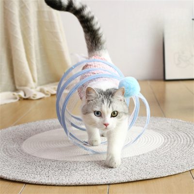 Cute cat tunnel toy with a blue pom-pom, designed for cat entertainment, exercise, and mental stimulation. Perfect for indoor cats, encouraging playful activity and keeping cats happy.