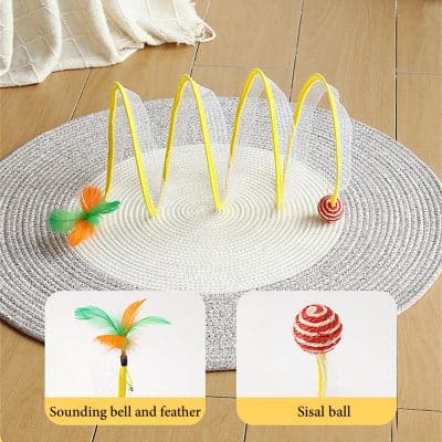 Bright yellow stick with colorful feather and sisal ball for cats.