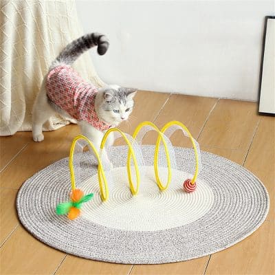A playful cat interacts with a maze toy featuring bright yellow hoops and hanging toys, designed to stimulate curiosity and mental sharpness in indoor cats.