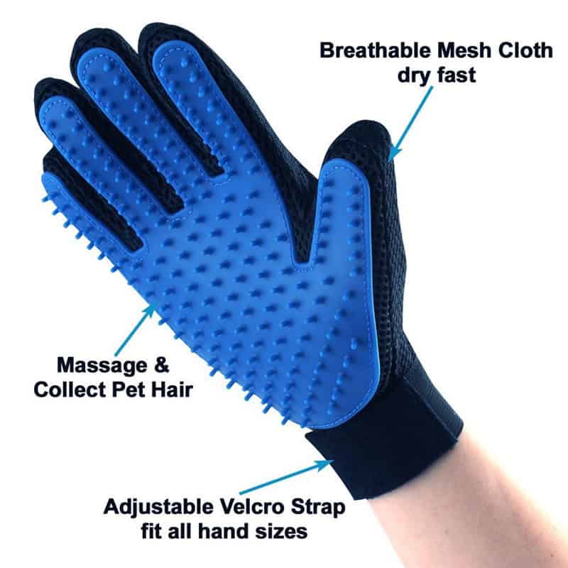Breathable mesh cloth, massage pet hair, and quick-dry fabric for effective pet grooming and hair removal. Adjustable Velcro strap fits all hand sizes for convenience.