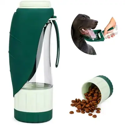 Dog using a hand sanitizer dispenser with spilled coffee beans, pet-safe sanitizer, and a contactless dispenser.