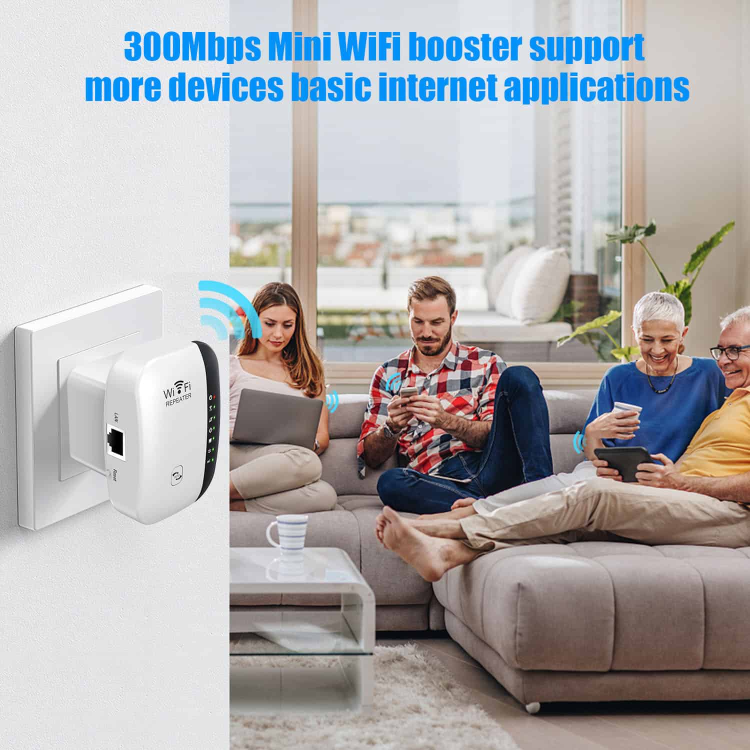 WiFi booster enhancing internet speed and connectivity for multiple devices in living room.