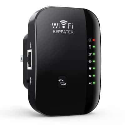 Compact WiFi range extender with multiple indicator lights and easy setup, ideal for boosting WiFi signals at Monalisa Store and other locations.