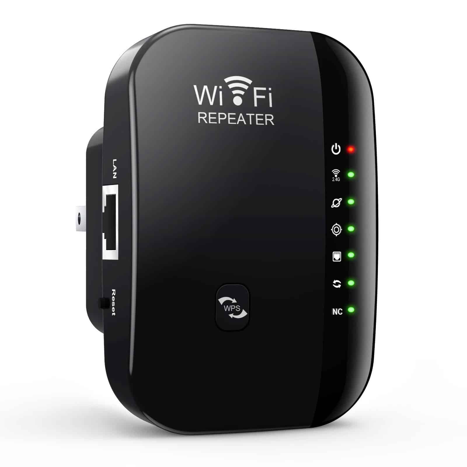 Compact WiFi range extender with multiple indicator lights and easy setup, ideal for boosting WiFi signals at Monalisa Store and other locations.