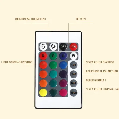 A sleek remote control featuring buttons for brightness, color adjustments, flashing modes, and on/off functions, enhancing user experience in optometry and aesthetic treatments.