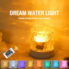 Color-changing water lamp with touch control and dynamic water pattern for relaxation and ambiance.