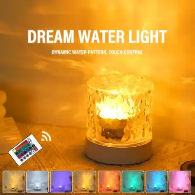 Color-changing water lamp with touch control and dynamic water pattern for relaxation and ambiance.