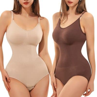 Seamless shapewear body suit for waist and tummy control, adjustable straps, breathable fabric, perfect for women seeking slimming and shaping under clothing.