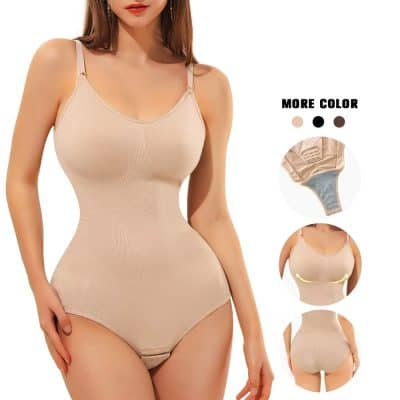 Seamless body shaper for women, lightweight and breathable, provides tummy control, back support, and enhances curves. Available in multiple colors with adjustable straps, ideal for everyday wear.
