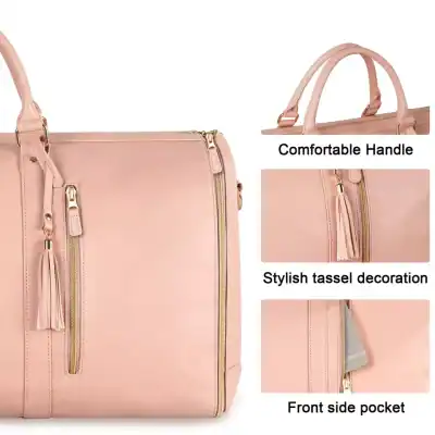 Stylish pink tote with comfortable handle, tassel decoration, and front side pocket, perfect for daily use and chic accessories.