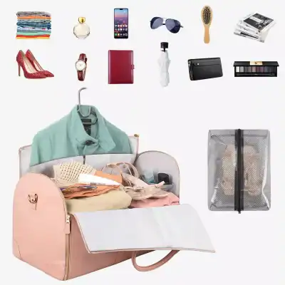 A collection of travel essentials including clothes, toiletries, accessories, and shoes, packed in a stylish pink suitcase, perfect for compact, organized travel.