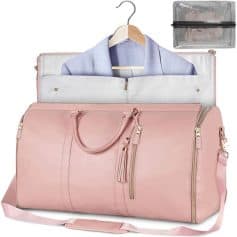 Durable pink travel bag for clothing, shoes, and accessories. Features multiple zippered pockets and a spacious main compartment, perfect for packing efficiently for trips.