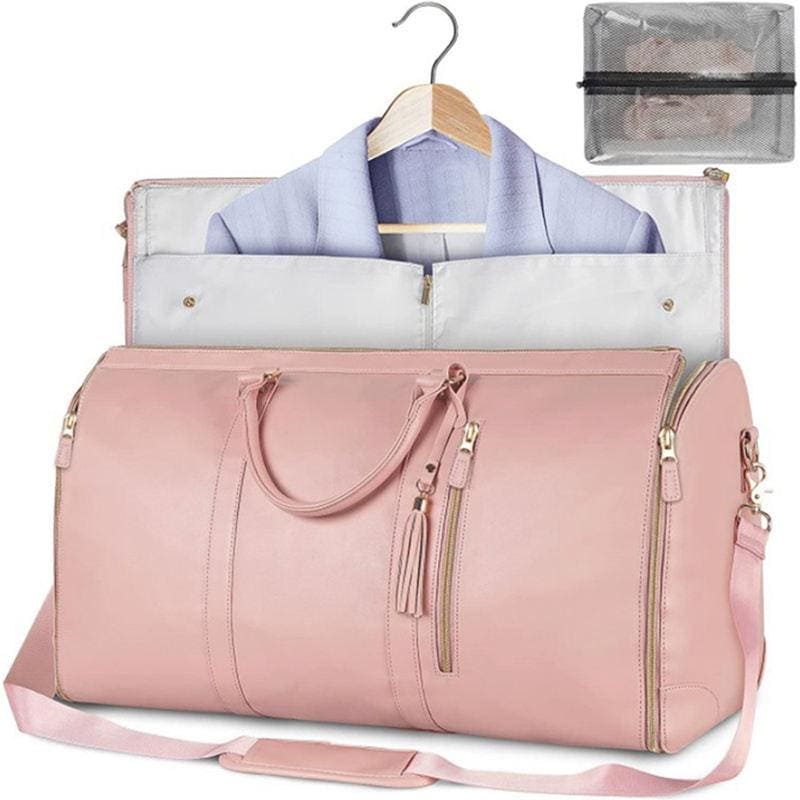 Durable pink travel bag for clothing, shoes, and accessories. Features multiple zippered pockets and a spacious main compartment, perfect for packing efficiently for trips.