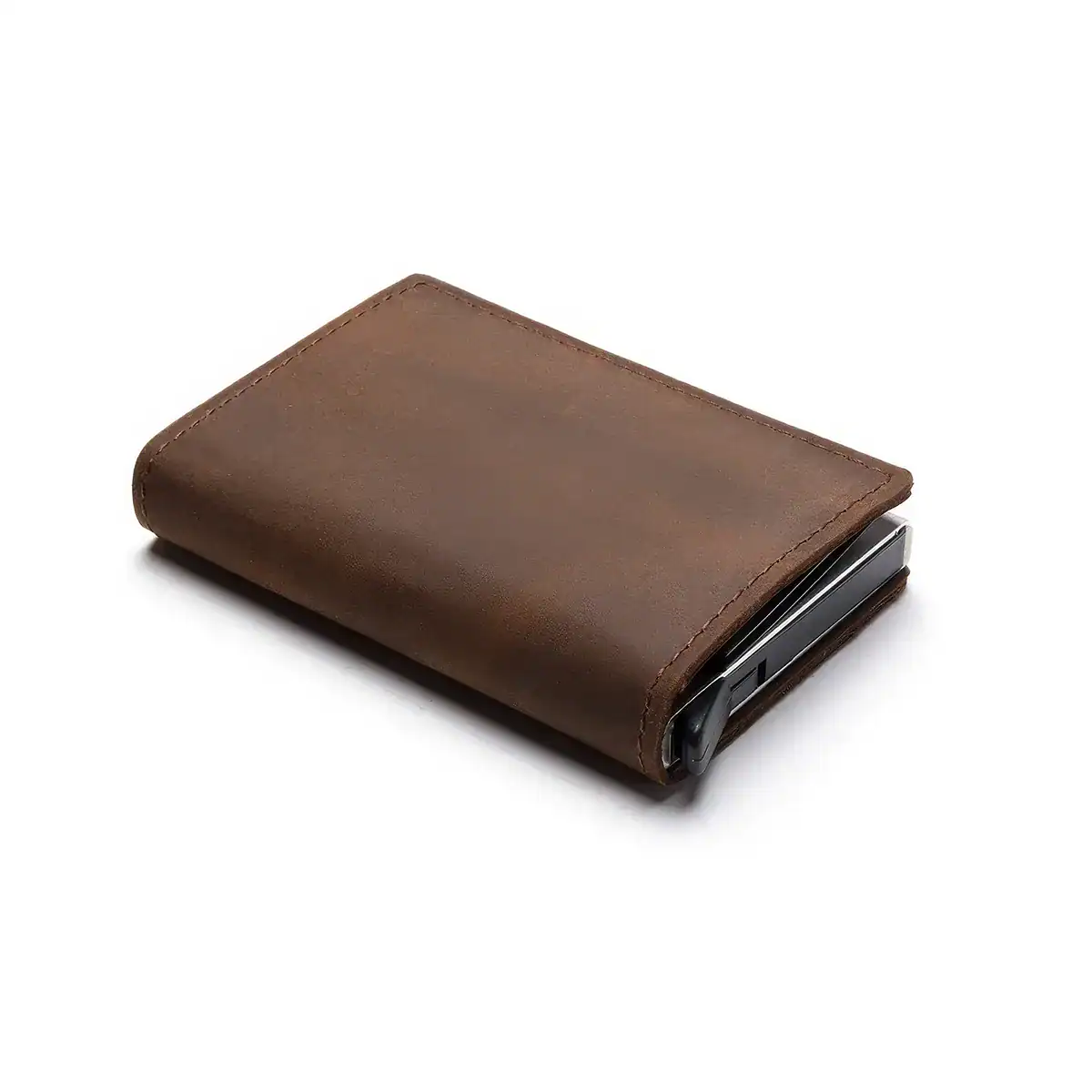 Elegant brown wallet with a hidden built-in slit microcamera for discreet optical work and personal use.