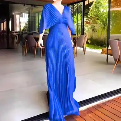 Stylish royal blue pleated maxi dress ideal for formal occasions and summer events. Features a flattering V-neck and flowing silhouette for a chic, sophisticated look.