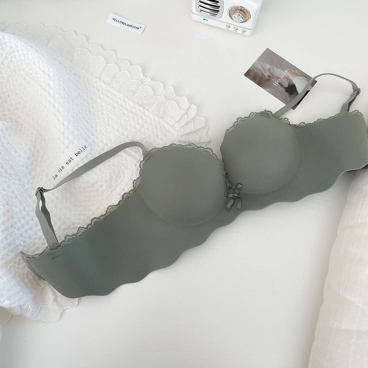 Comfortable and stylish grey women's bra with lace details, perfect for everyday wear, supporting beauty and confidence.