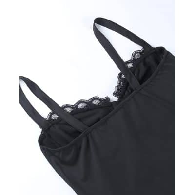 A stylish black tote bag featuring lace accents and comfortable shoulder straps, perfect for everyday use and fashion-forward accessories.