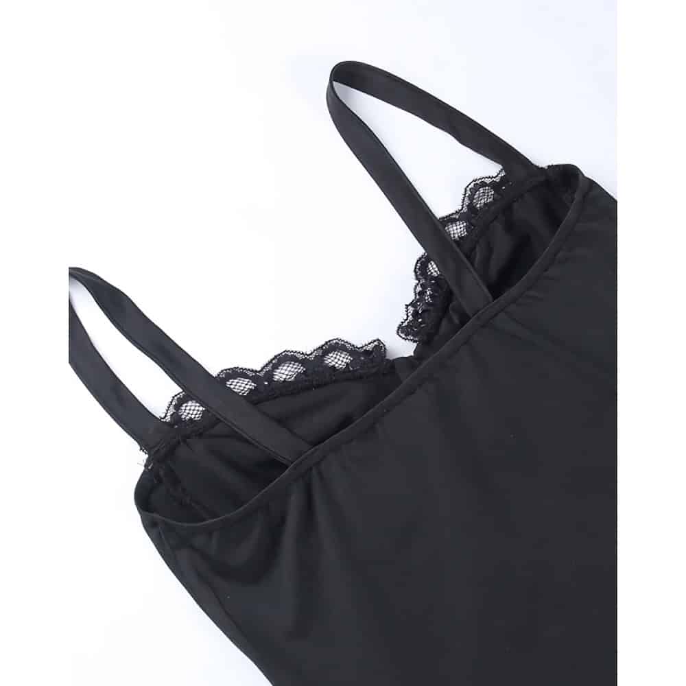 A stylish black tote bag featuring lace accents and comfortable shoulder straps, perfect for everyday use and fashion-forward accessories.