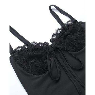 Luxurious black dress featuring delicate lace accents and a chic bow tied at the front, perfect for fashionable occasions and stylish wardrobing.