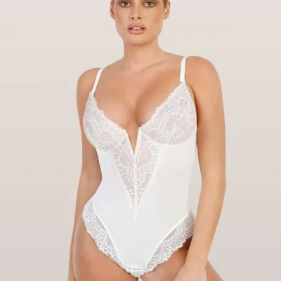 Modern white lace bodysuit with intricate details, perfect for fashion-forward women seeking stylish lingerie and intimate wear.