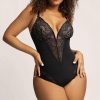 Sexy black lace plus size women bodysuit with adjustable straps and floral embroidery, perfect for intimate wear and special occasions.