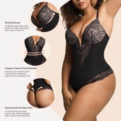 High-resolution image showing a stylish black lace bodysuit designed to enhance curves, with features like push-up bust, waist slimmer, and buttock lift for a flattering fit.